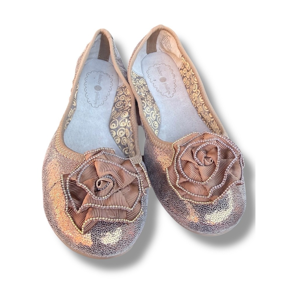 Lindsay Phillips Liz Ballet Flats Metallic Bronze Leather Rose Embellishment 6.5 - Picture 9 of 16
